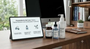 Tablet display with finasteride treatment information beside finasteride tablets, topical solution, and combination therapy products on a modern clinic desk.