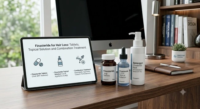 Tablet display with finasteride treatment information beside finasteride tablets, topical solution, and combination therapy products on a modern clinic desk.