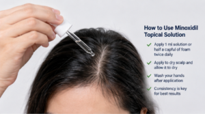 Applying topical minoxidil solution with a dropper to thinning scalp as part of a hair loss treatment and hair regrowth routine.