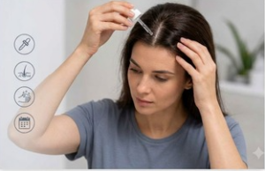 Woman applying minoxidil to her scalp to support hair growth, with icons highlighting treatment application, results, and regular use.