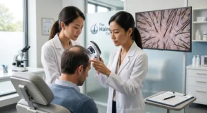 A dermatologist using a specialized lighted magnifier to examine a patient's scalp, with hair follicle analysis displayed on a screen.