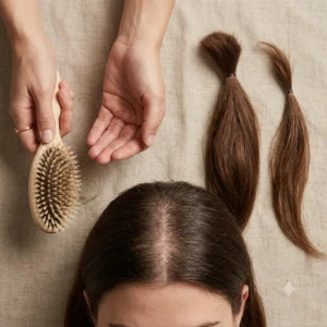 Top-down photo showing female hair thinning signs: a hairbrush with loose hair, a widening central part, and reduced ponytail volume.