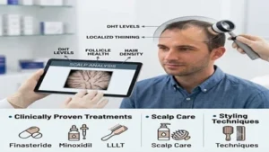 Dermatologist performing a scalp analysis on a male patient using a digital scanner to assess hair density, thinning, follicle health, and DHT levels.