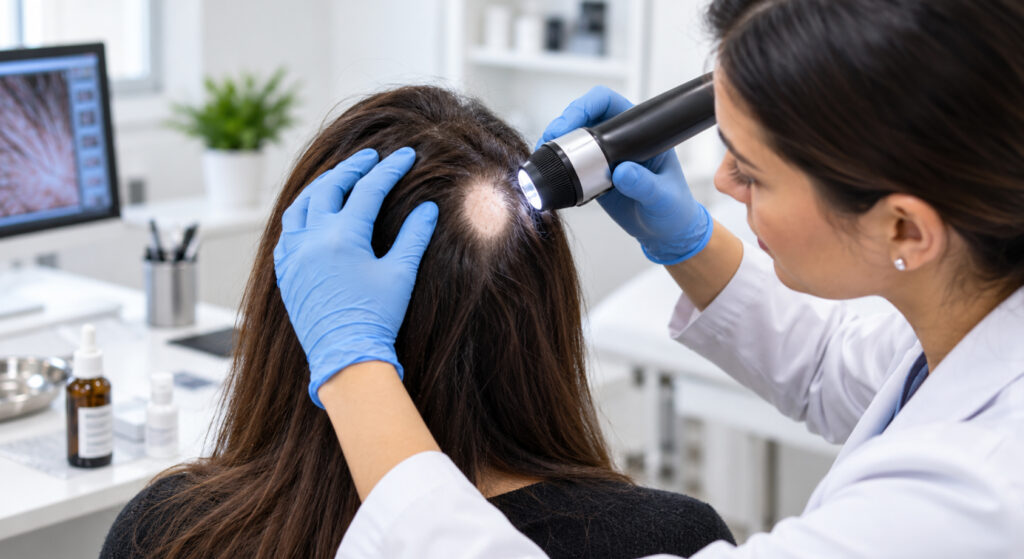 Specialist using a dermatoscope to examine a round bald patch on a woman’s scalp during an alopecia areata assessment