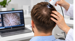 Hair loss specialist using a trichoscope to examine a man’s scalp, with a magnified view of hair density on a laptop screen