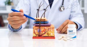 Doctor pointing to a hair follicle model beside a DHT blocker bottle and capsules, explaining how DHT affects men’s hair