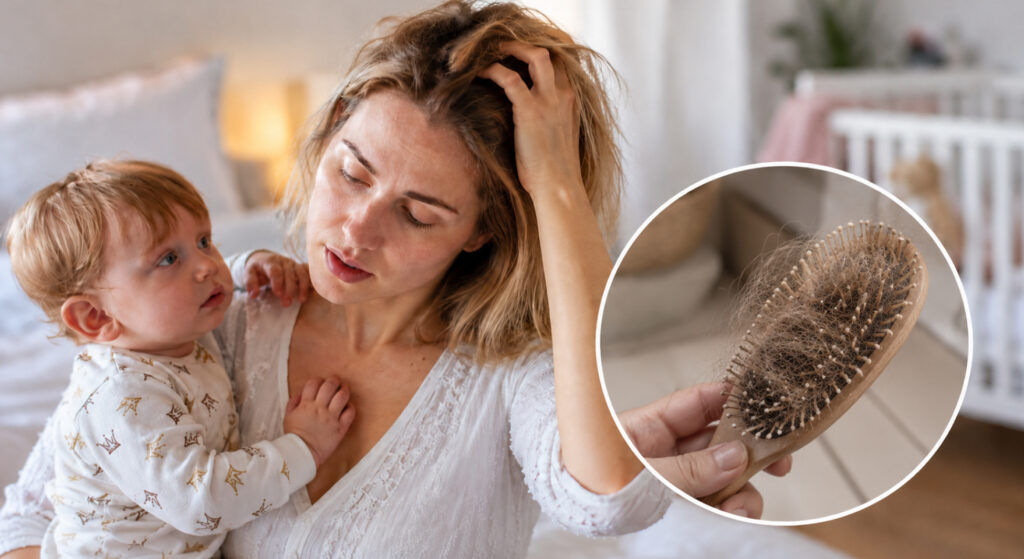 Tired new mother touching her hair while holding her baby, with a close up of a brush full of shed hair
