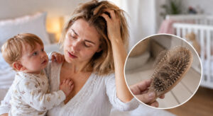 Tired new mother touching her hair while holding her baby, with a close up of a brush full of shed hair
