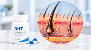 DHT blocker bottle and capsules beside a cross section comparing a healthy hair follicle with a shrunken, miniaturised follicle