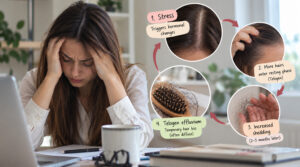 Stressed woman at her desk beside a diagram showing how stress pushes hairs into the telogen phase, leading to diffuse shedding