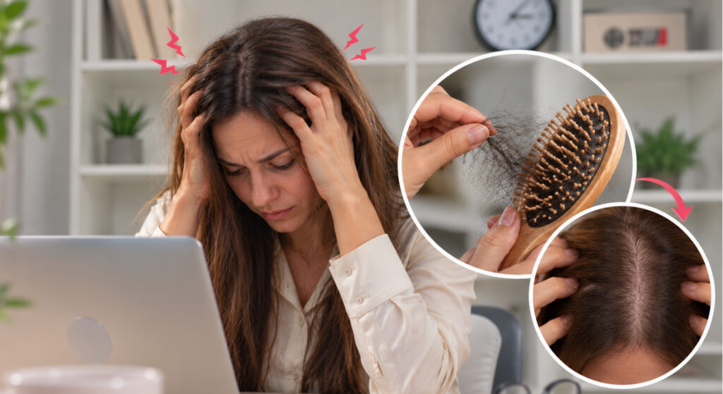 Stressed woman holding her head at a laptop, with close ups of hair caught in a brush and a thinning parting