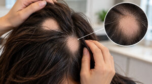 Close up of round, smooth bald patches on a woman’s scalp, a typical sign of alopecia areata, with a magnified inset