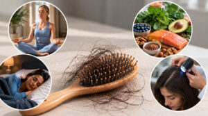 Hairbrush with shed hair surrounded by images of yoga, restful sleep, salmon and leafy greens, and a scalp examination