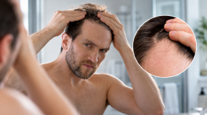 Man checking his receding hairline in a mirror, with a close up of thinning hair at the temples linked to DHT hair loss