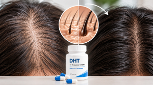 Before and after view of a thinning crown beside a DHT blocker bottle, showing denser hair coverage following treatment