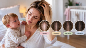 New mother holding her baby beside a timeline showing hair at the parting gradually filling in over six months after birth