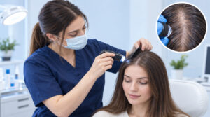 A healthcare professional examining a patient's scalp using a dermatoscope to assess scalp health and identify signs of hair loss.