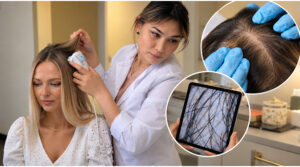 Hair loss specialist using a trichoscope on a woman’s scalp, with a magnified view of hair density shown on a tablet