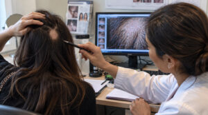 Specialist examining a bald patch on a woman’s scalp, with a magnified scalp image displayed on a computer screen