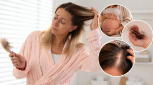 Woman checking shed hair on her brush, with images of a pregnant bump, loose hair in a hand and a thinning parting
